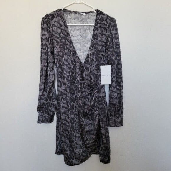 ANINE BING Penelope Long-Sleeve Silk Grey Python Print Mini Wrap Dress Size S - Picture 3 of 12